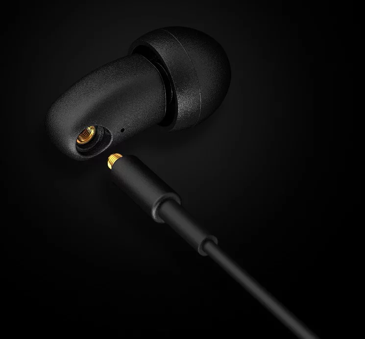 The scratch-resistant and anti-fingerprint matt charcoal stainless finish of the q-Jays reference earphone
