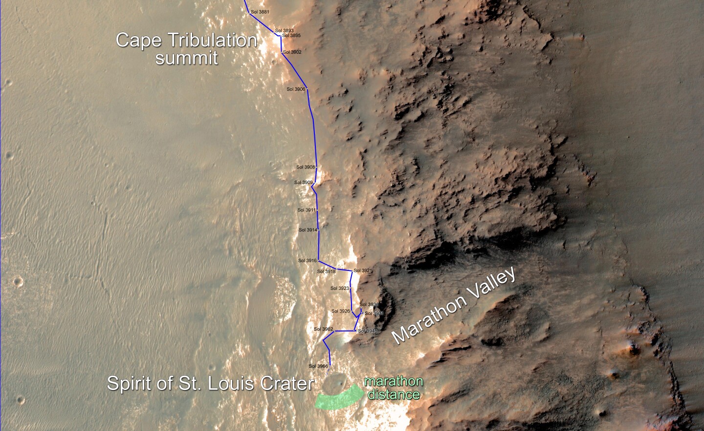 Opportunity's path to Marathon Valley (Image: NASA/JPL-Caltech/Univ. of Arizona)