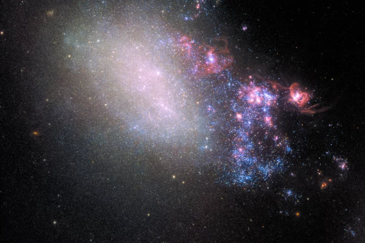 The galaxy NGC 4485 appears normal on the left side, but on the right it bears the stunning scars of a close encounter with another galaxy, in the form of a new star forming region
