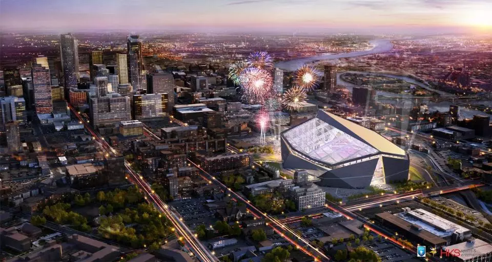 The Viking Stadium faces the Minneapolis skyline