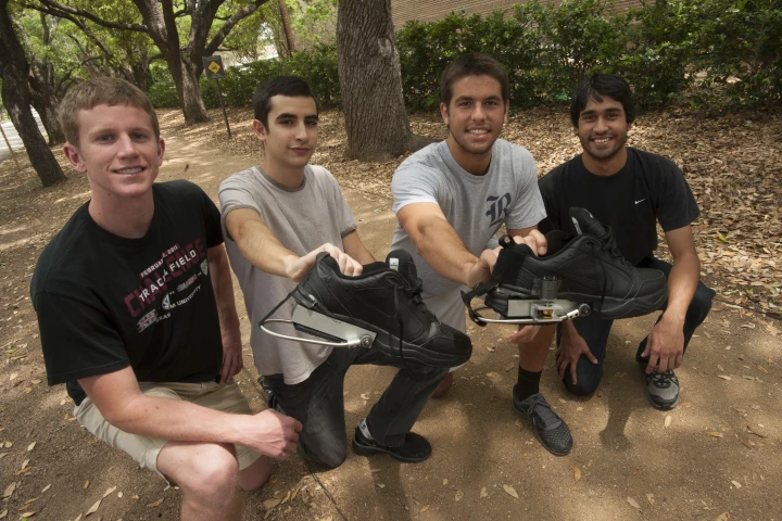 Rice University engineering students Tyler Wiest, Carlos Armada, Julian Castro and David Morilla with their PediPower prototypes (Photo: Jeff Fitlow)