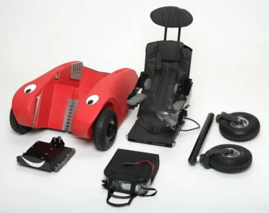 The Wizzybug first mobility vehicle, here shown disassembled