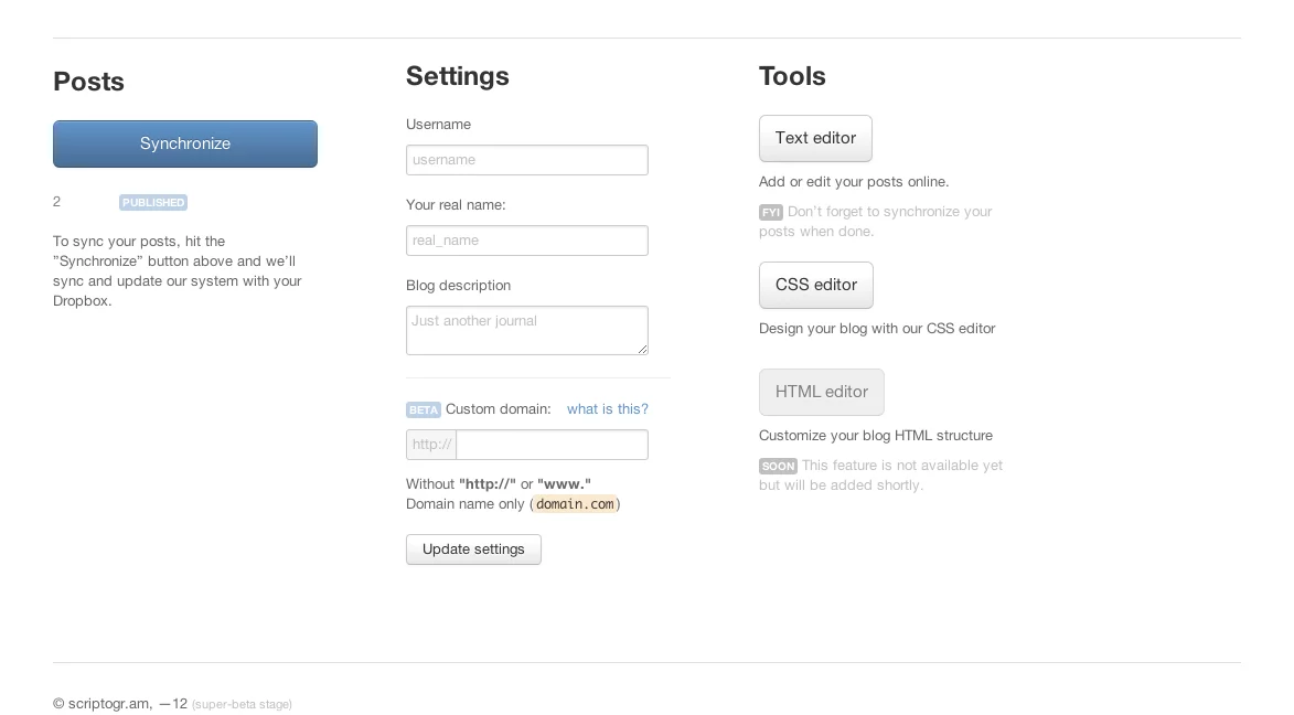 The scriptogr.am settings page is about all there is to tinker with