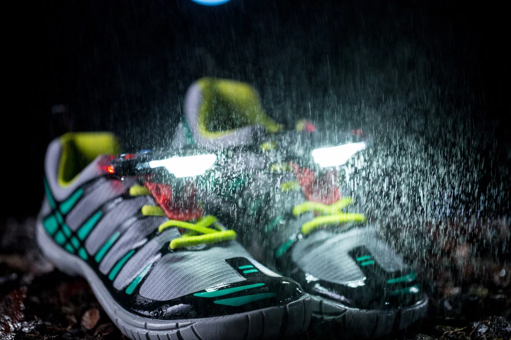 The Night Runners are water-resistant, lightweight, bright LEDs that clip onto the laces of your running shoes to illuminate your way with a 270-degree arc of light