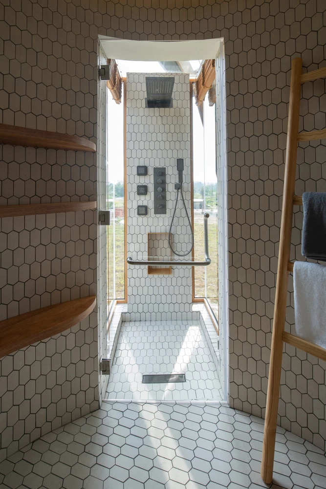 The bathroom is like an elevated capsule
