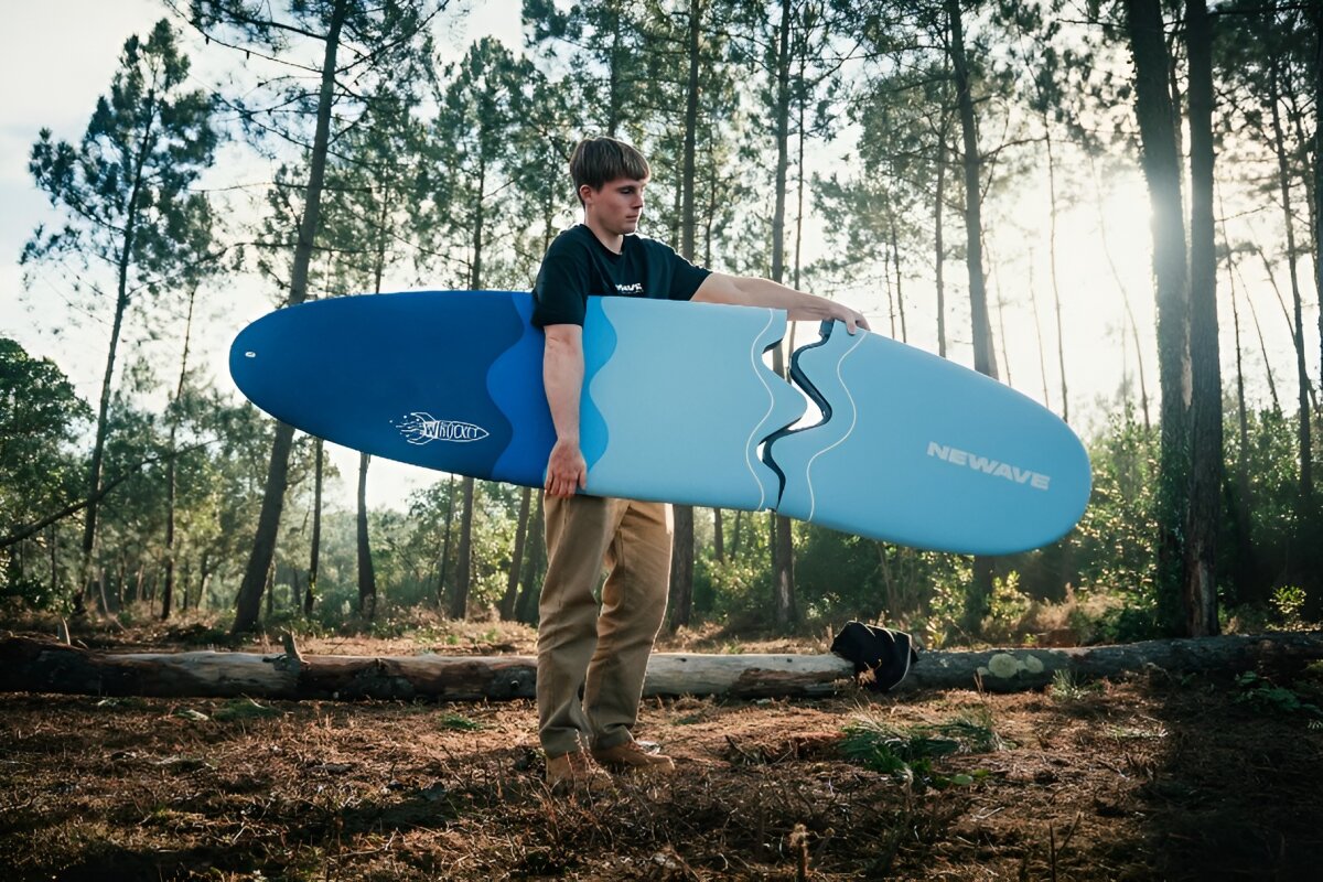 Soft-top surfboard splits for travel and stowage