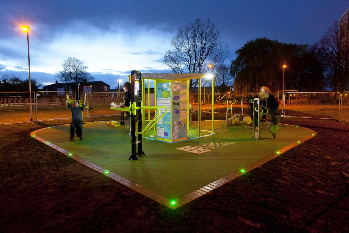 The TGO Green Heart outdoor gym converts energy generated by users of its exercise equipment into useable electricity