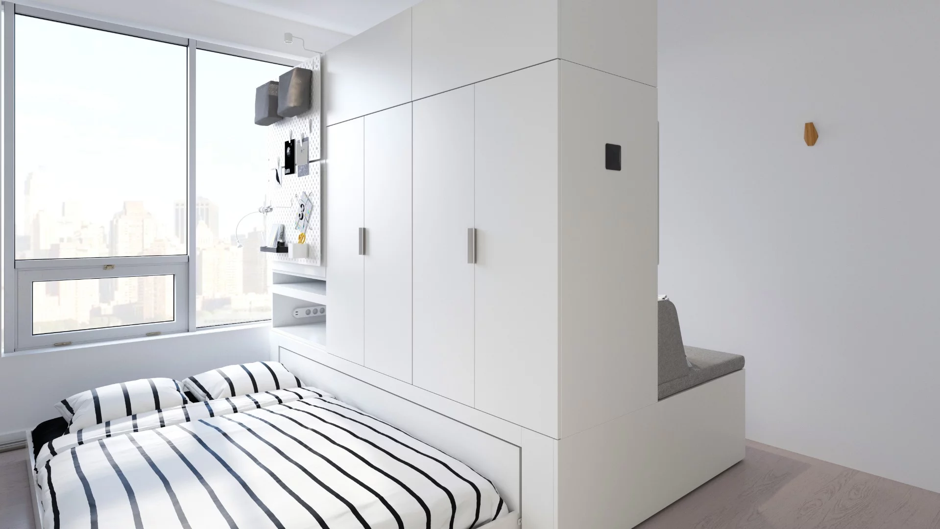 Rognan features a double bed, work station and wardrobe on one side