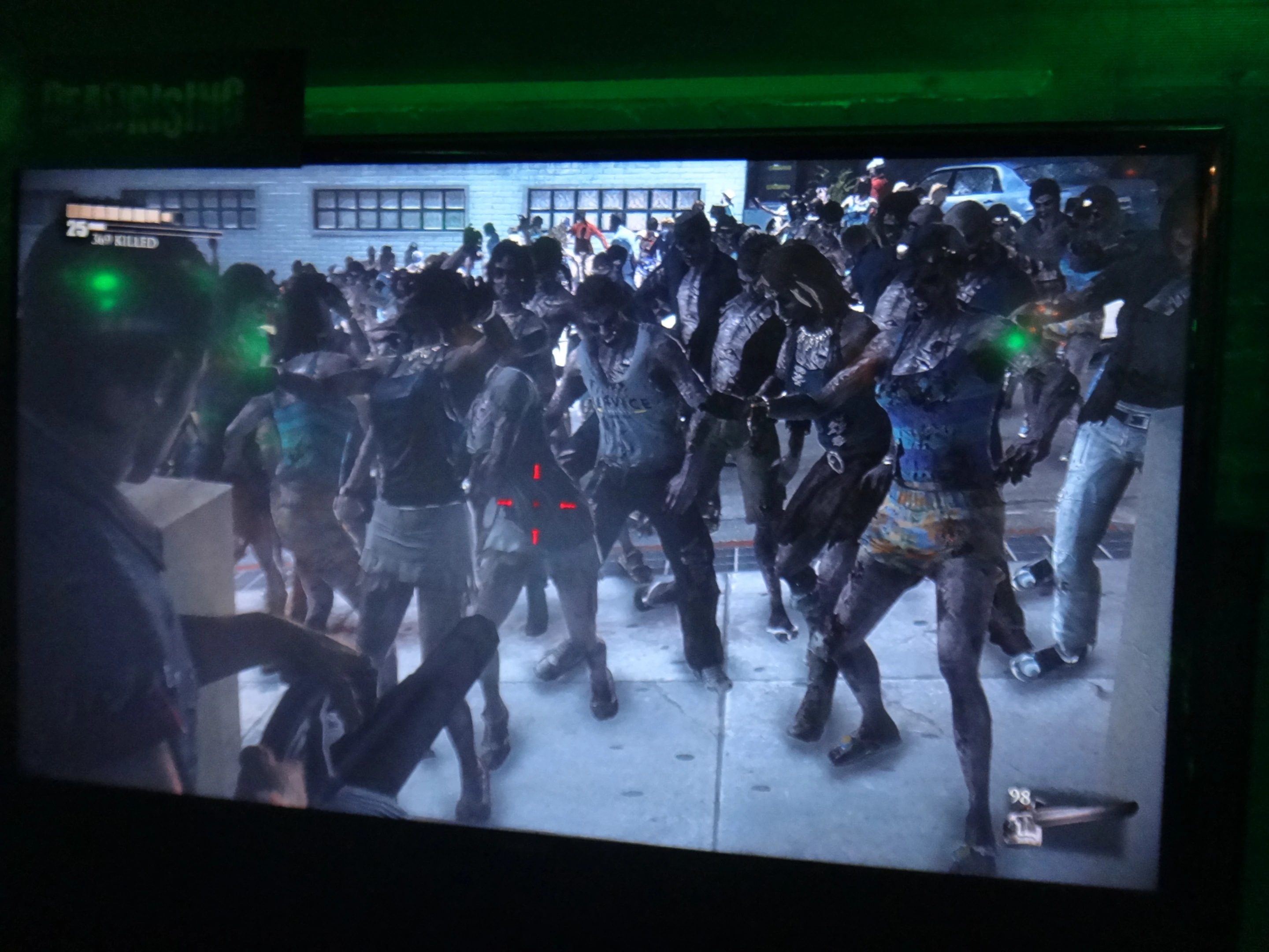 In more crowded areas, seemingly thousands of zombies can be seen in every direction with large groups appearing like a grotesque tidal wave when they lurch towards you all at once