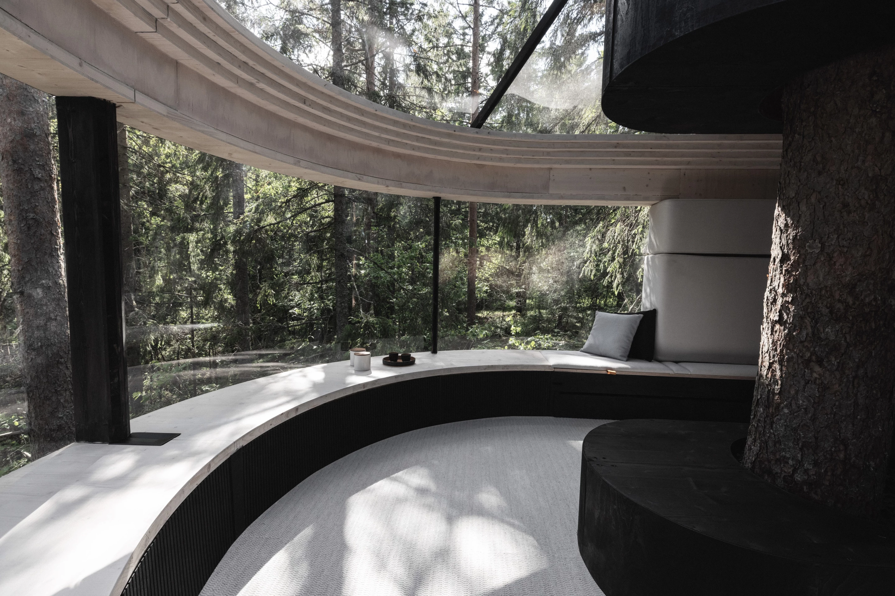 The Koja is mounted to a tree that runs through its center
