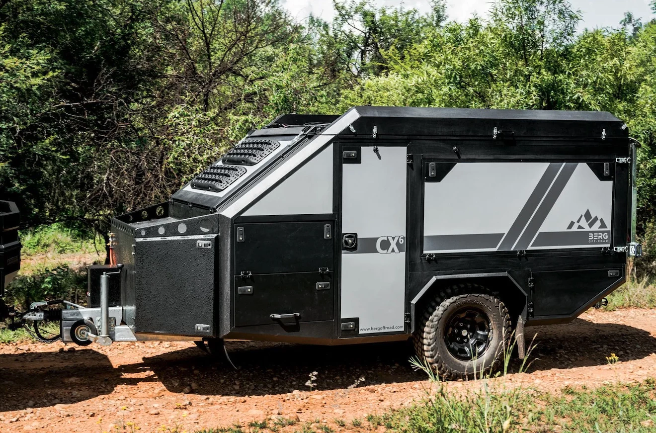 The Berg CX6 camper closed up, hitched and ready to tackle whatever comes its way