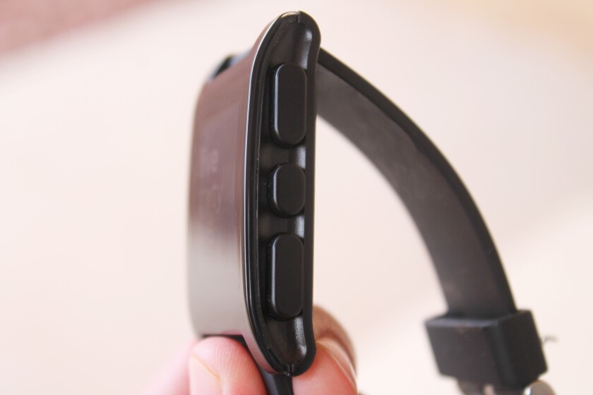 Pebble's right side features up, select, and down navigation buttons