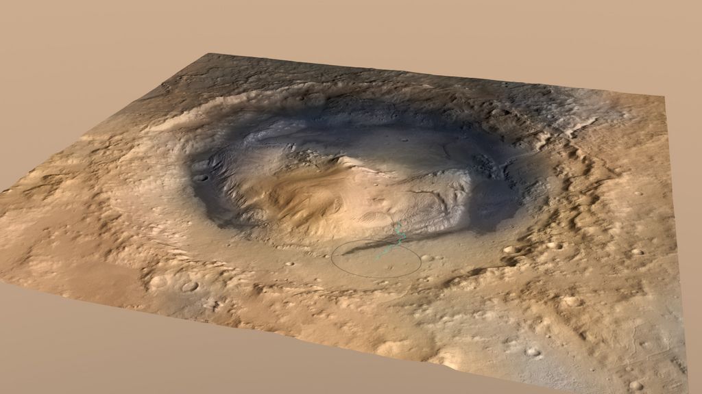 Gale Crater, Mars, with landing target for the Curiosity marked by an ellipse, near Mount Sharp