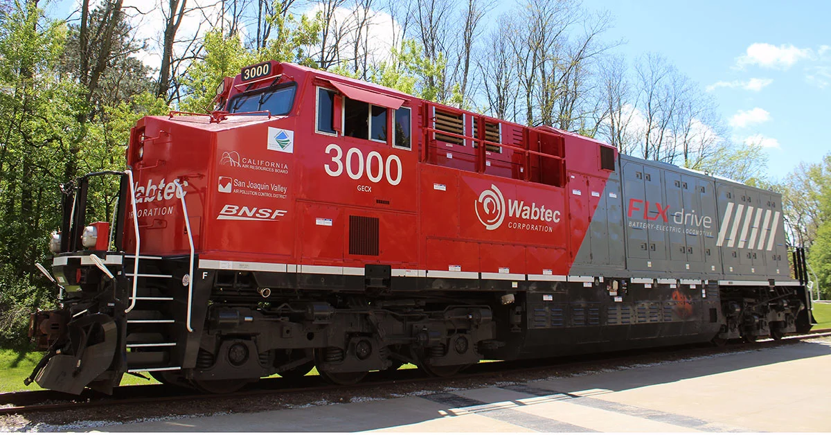 Wabtec's FLXDrive locomotive is described as the world’s first 100-percent battery-powered locomotive