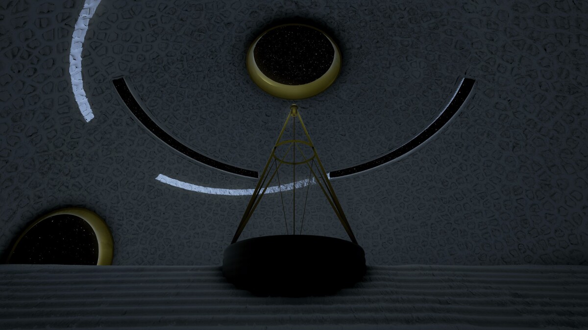 The roof opening and liquid mirror telescope embedded in the floor of the lunar temple