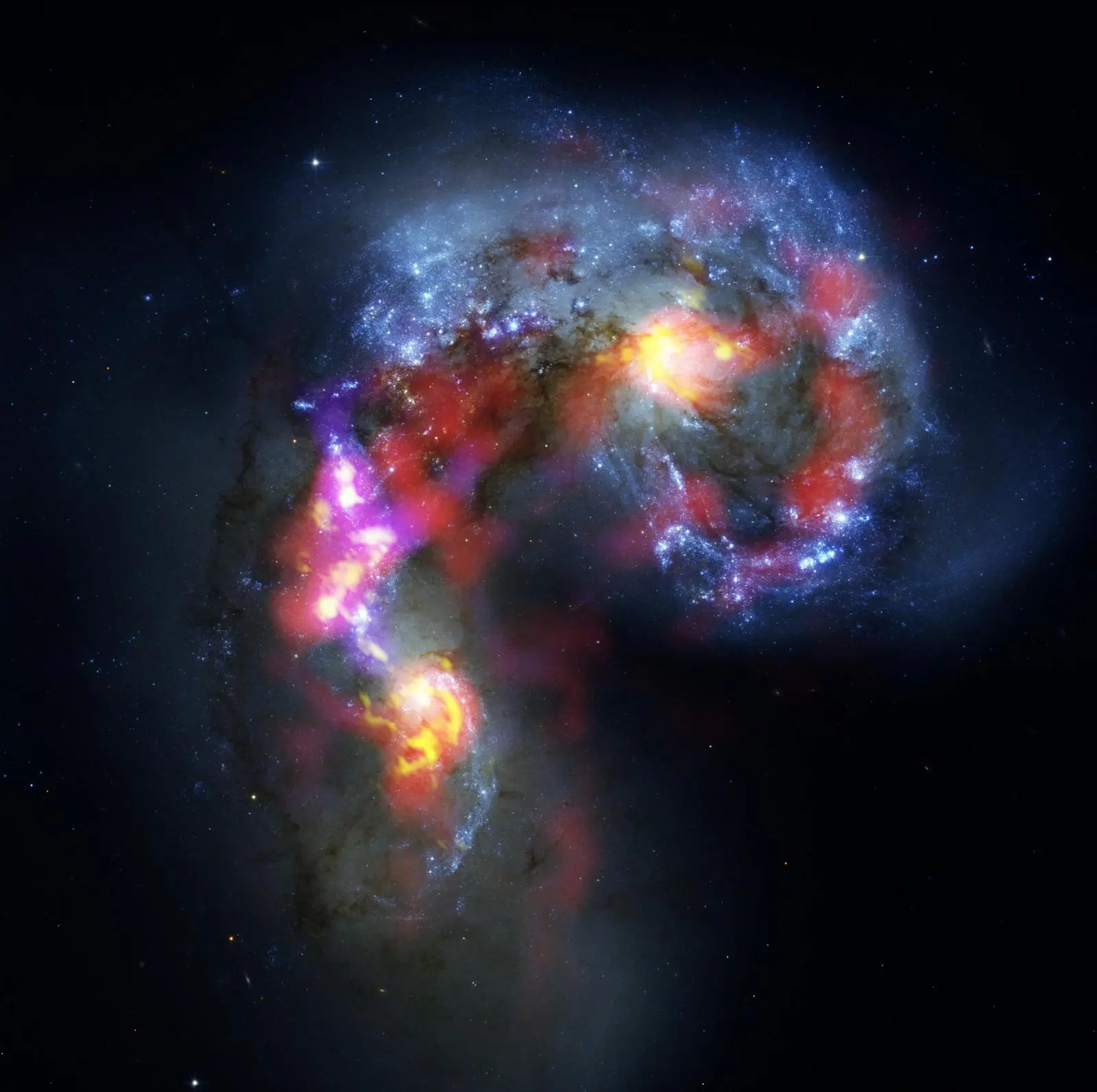 Antennae Galaxies composite of ALMA and Hubble observations. Credit: ALMA (ESO/NAOJ/NRAO). Visible light image: the NASA/ESA Hubble Space Telescope