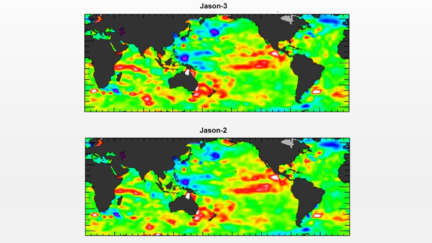 The Jason-3 readings compare favorably with the Jason-2 satellite data, indicating that the probe is working as intended. Higher than normal sea levels are shown in red, while El Nino can be seen in the eastern equatorial Pacific