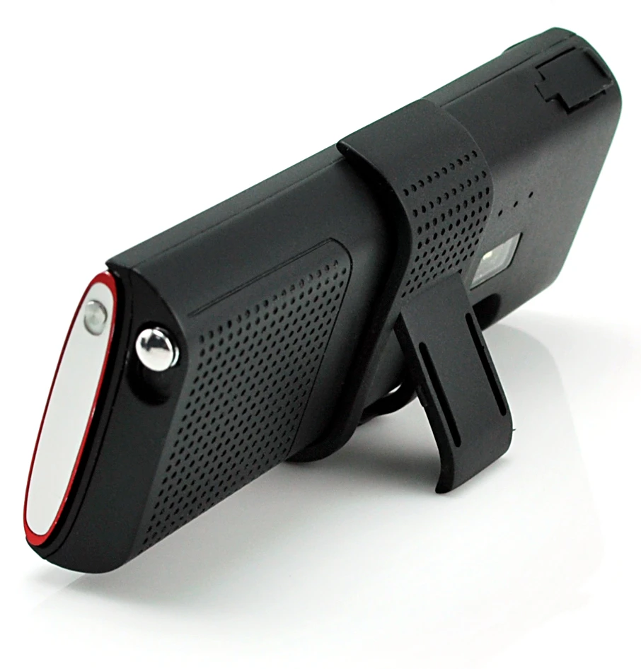 A rear view showing the handy desktop kick stand, the LED light and the antenna