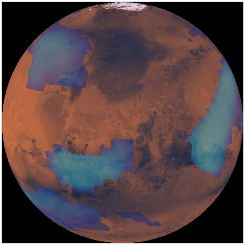 Still from a computer simulation of the Martian atmosphere displaying middle altitude clouds