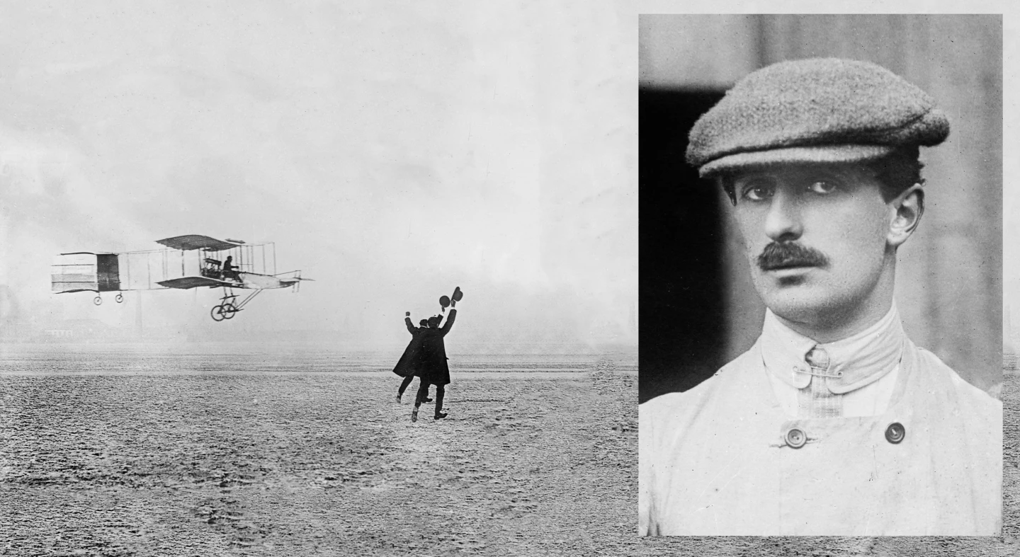 Henri Farman winning the Archdeacon Prize for the first closed-circuit kilometer flight in Europe. The 1907 Voisin biplane was the first successful powered aircraft designed by aeronautical engineer Gabriel Voisin. It was used by Farman to make the first heavier-than-air flight lasting more than a minute in Europe, and also to make the first full circle. Inset: Gabriel Voisin.