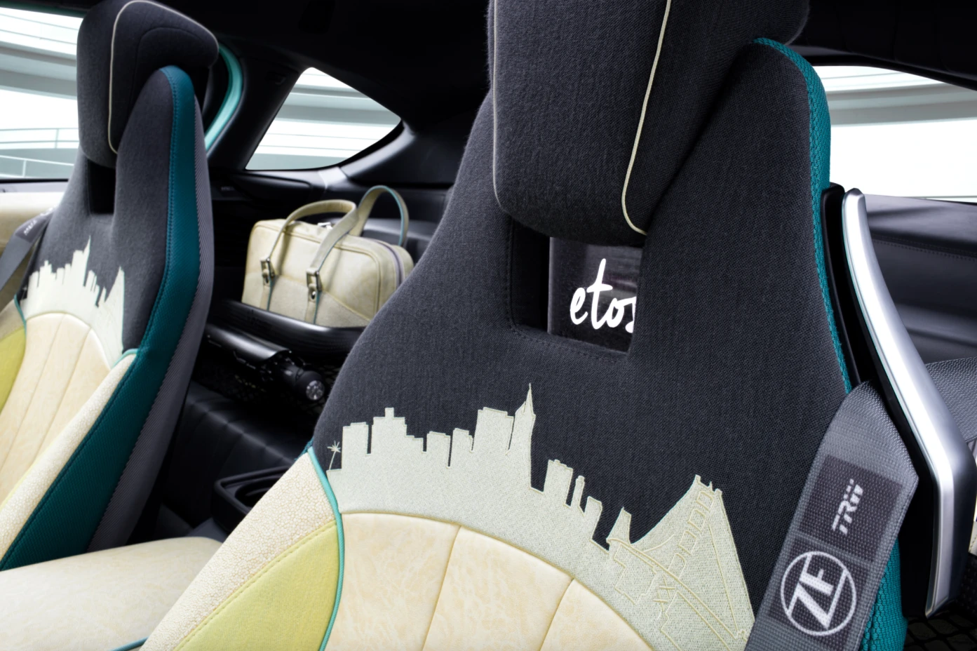 The seats are embroidered with a depiction of the San Francisco skyline