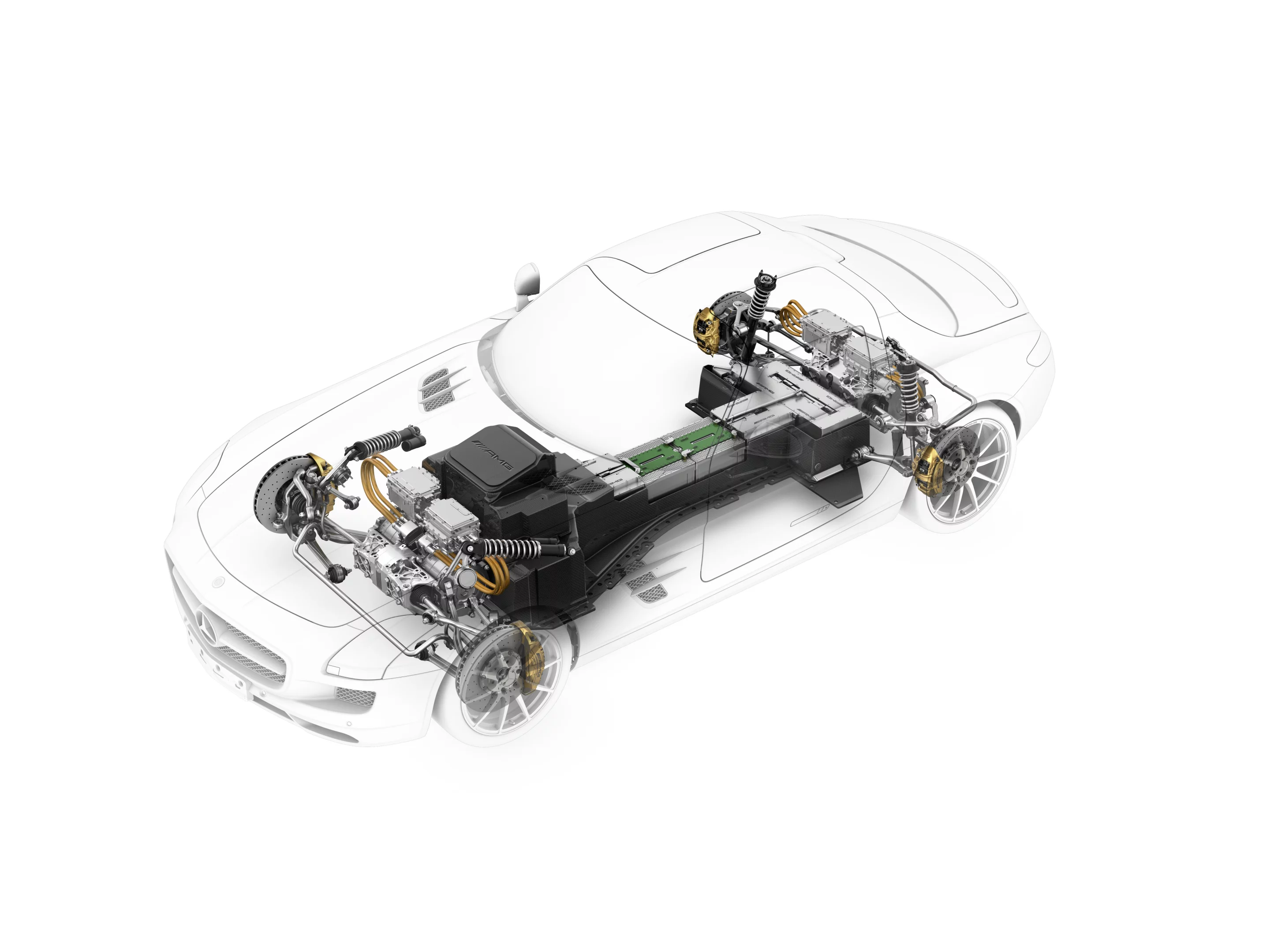 See-through of the Mercedes-Benz SLS AMG E-CELL's drivetrain