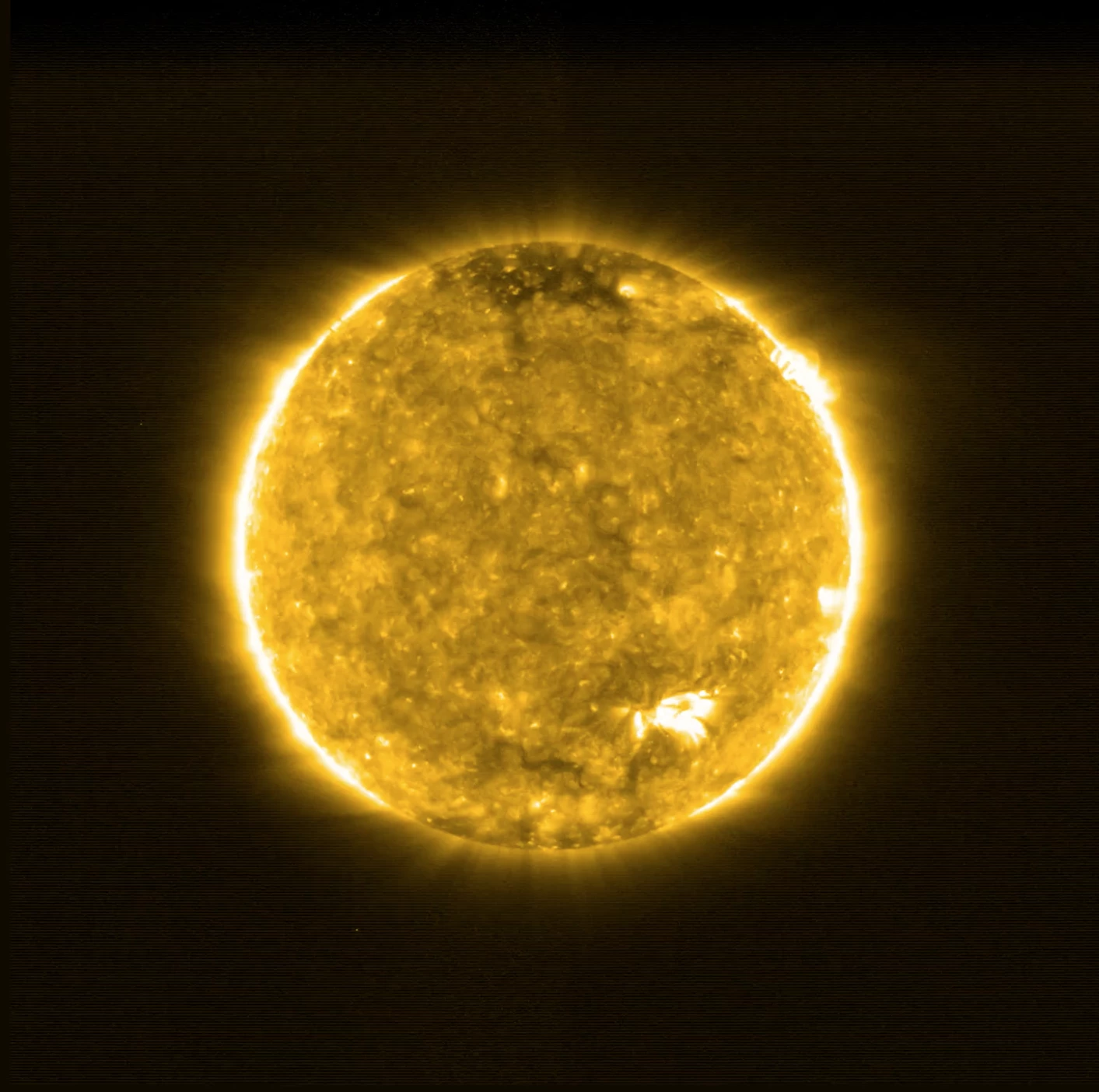 An image of the Sun captured by the Solar Orbiter – the image is artificially colored, as the ultraviolet wavelength of light in which it was captured is invisible to the human eye