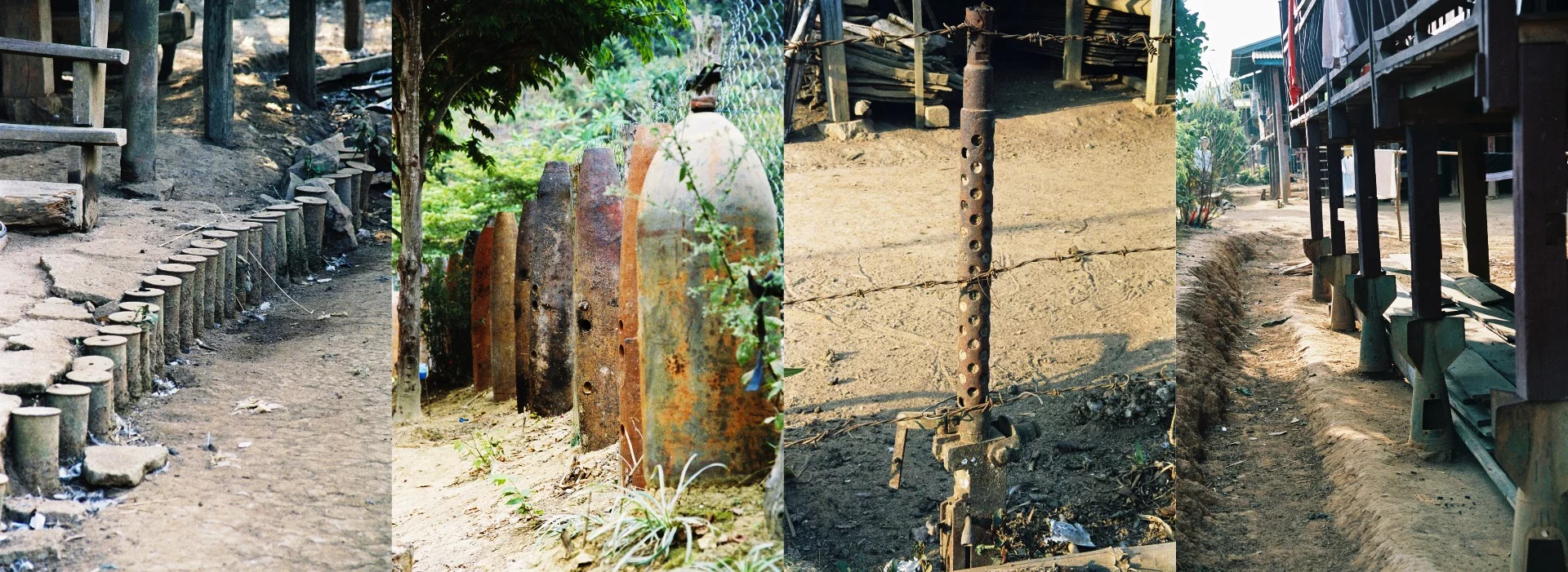 Though the Vietnam War finished a half century ago, it's legacy is everywhere in Laos. From left, shell casings make a neat and robust path edging, bombs used as a fence, a former machine gun barrel used as a fence post, and bombs used as termite-proof post foundations.