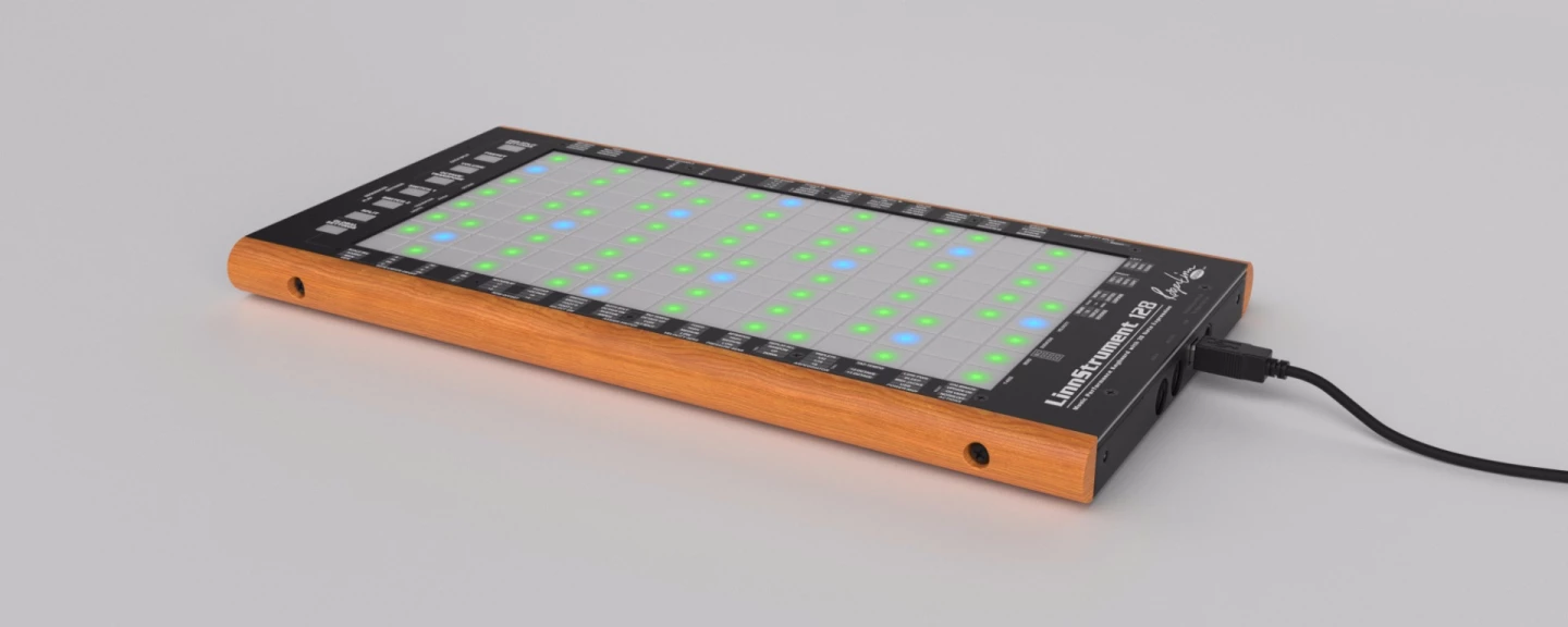 The LinnStrument 128 comes in a steel top panel, aluminum chassis and cherry side pieces