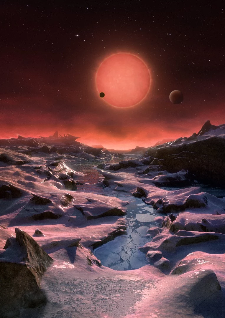 Artist’s impression of the ultracool dwarf star TRAPPIST-1 from the surface of one of its planets
