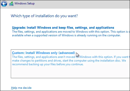 Choose a custom install since this is a brand new VM with a clean disk that doesn't need upgraded