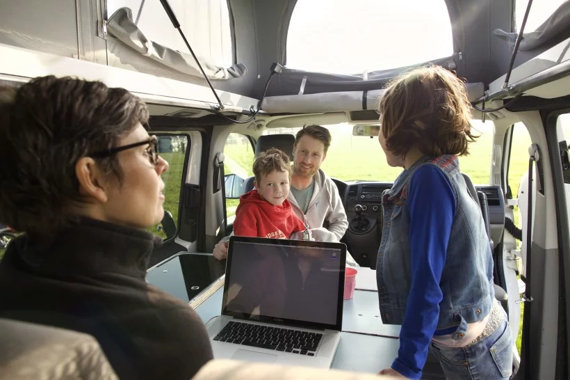 Swivel front seats make for a comfy space to eat and spend time with family and friends