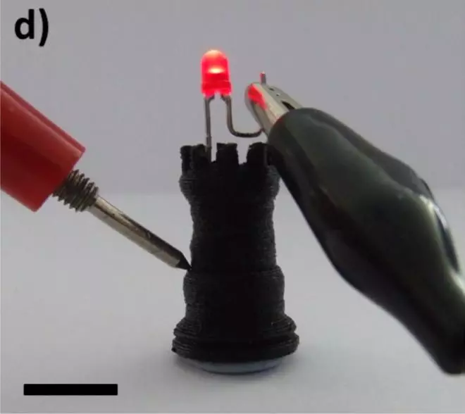 A chess rook piece printed with the conductive carbomorph material is used to light an LED (Photo: University of Warwick)
