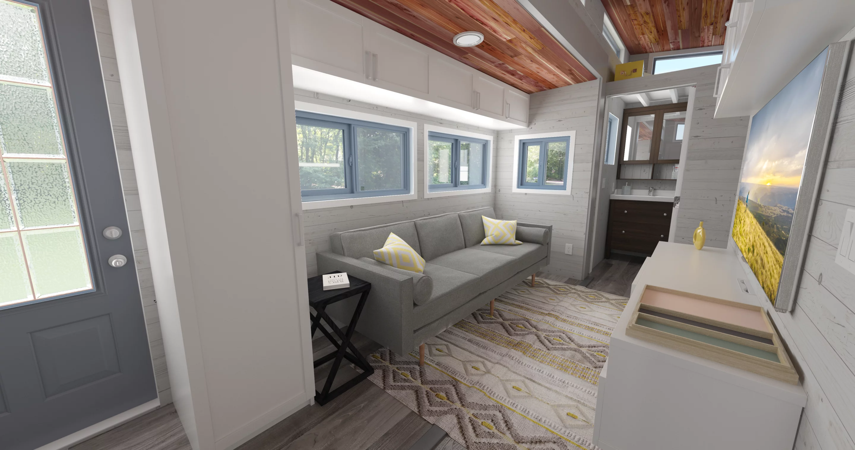 The Aurora tiny house expands in size from 8.6 ft (2.62 m) to 15.1 ft (4.6 ft) with the push of a button