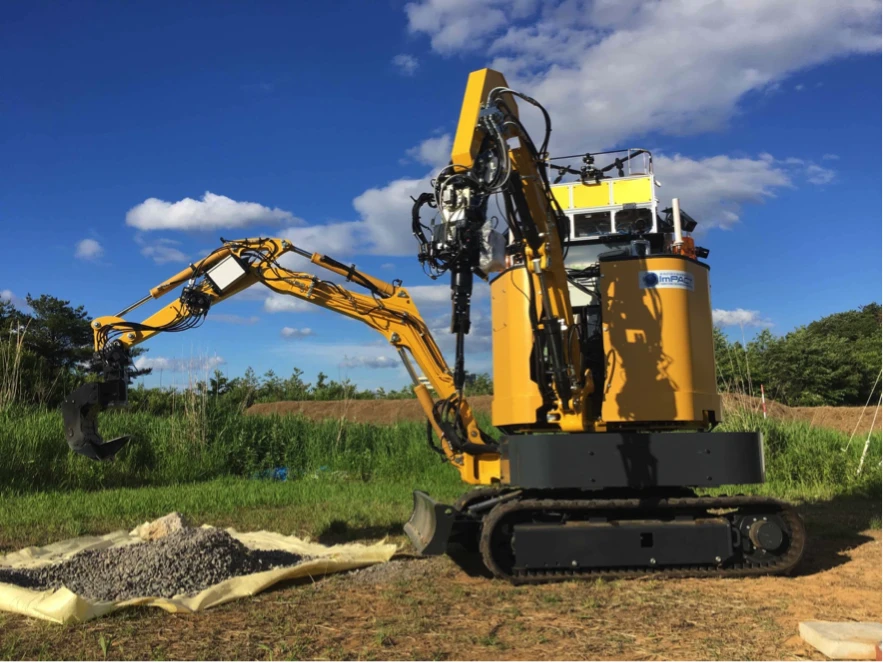 The construction prototype can be operated remotely, with an integrated drone providing the operator with a birds-eye view of the work area