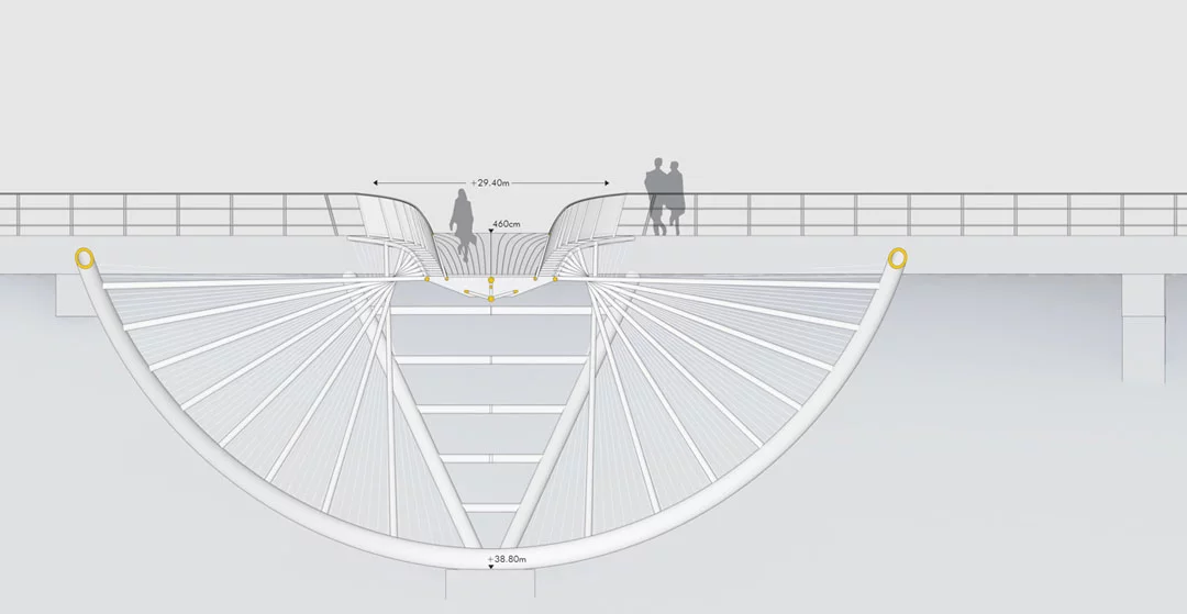 The design is one entry in a RIBA-sponsored competition for the design of a Salford Meadows footbridge, the results of which will be announced towards the end of November (Image: penda)