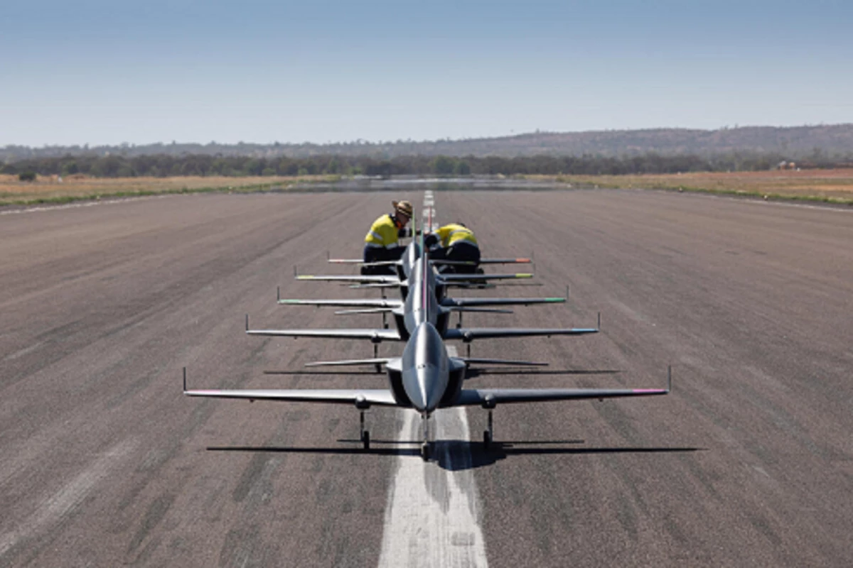 The squad of five autonomous jets being prepared for takeoff