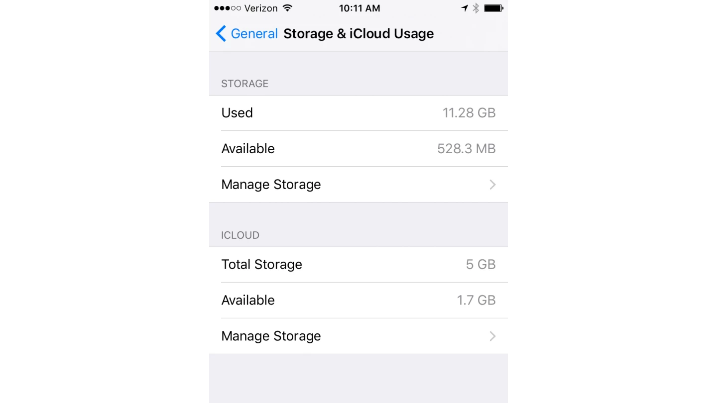 iOS devices have varying levels of built-in storage; Apple IDs come with 5 GB of free iCloud storage (Settings > General > Storage & iCloud Usage)