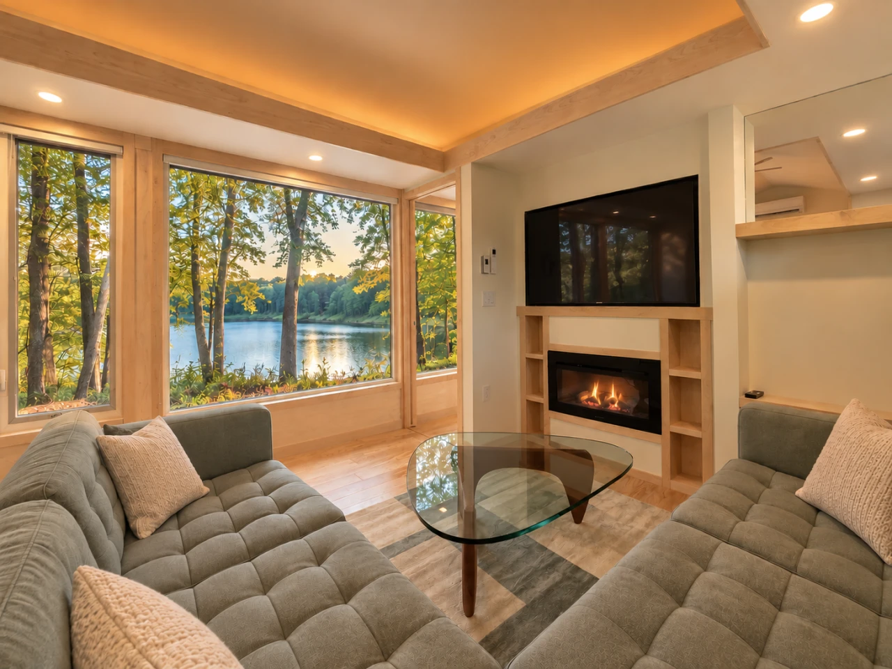 The Glass House's extra width is particularly noticeable in the living room, which includes a large L-shaped sofa