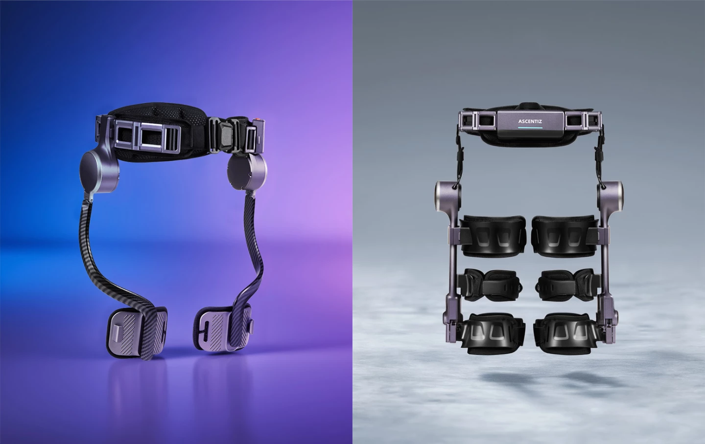 The Ascentiz Exo-Belt paired with the Hip module (left), and with the Knee module (right)