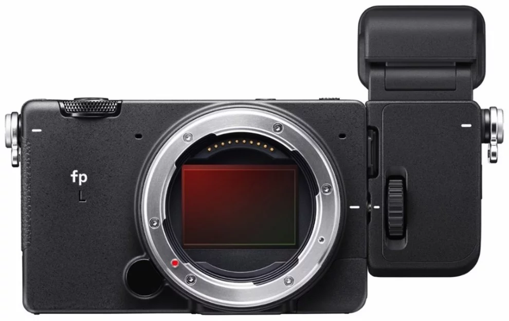 The optional electronic viewfinder mounts to the side of the fp L mirrorless compact