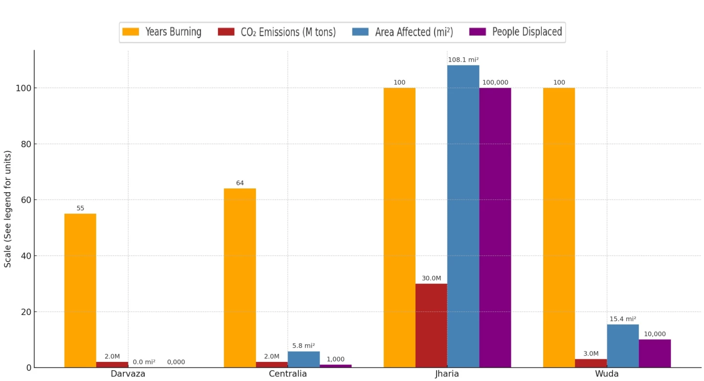 Darvaza gas crater compared to other fires in Centralia, PA, Jharia, India, and Wuda, China