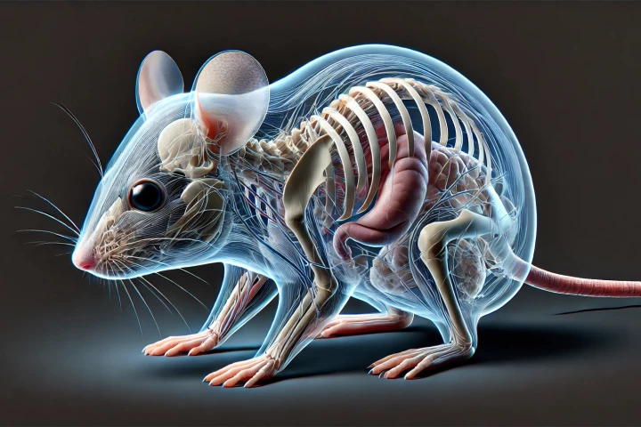 The dye that gives foods, drugs, and cosmetics a lemon yellow color can also make mice transparent, as illustrated in this generative image