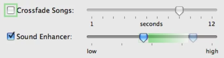 Prefab using the Phosphor tool to show a recently unchecked box and a manipulated slider in iTunes