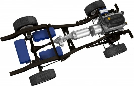 The standard Hummer four wheel drive, automatic transmission and transfer case is retained but moved back in the chassis to accommodate a 200kw AC induction motor