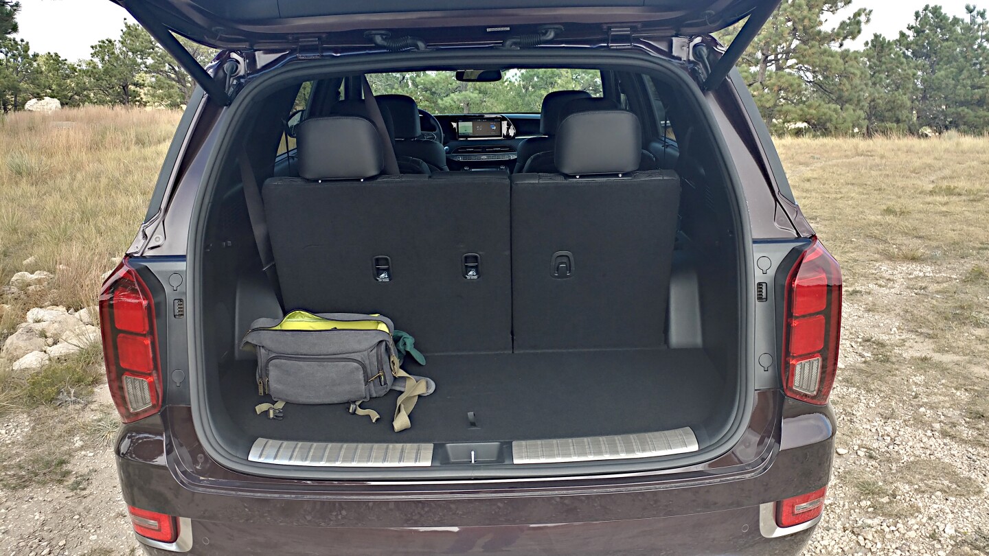 The 2020 Palisade has a large cargo space at 18 cubic feet/510 liters behind the third row, 86.4 cubic feet/2,447 liters in all