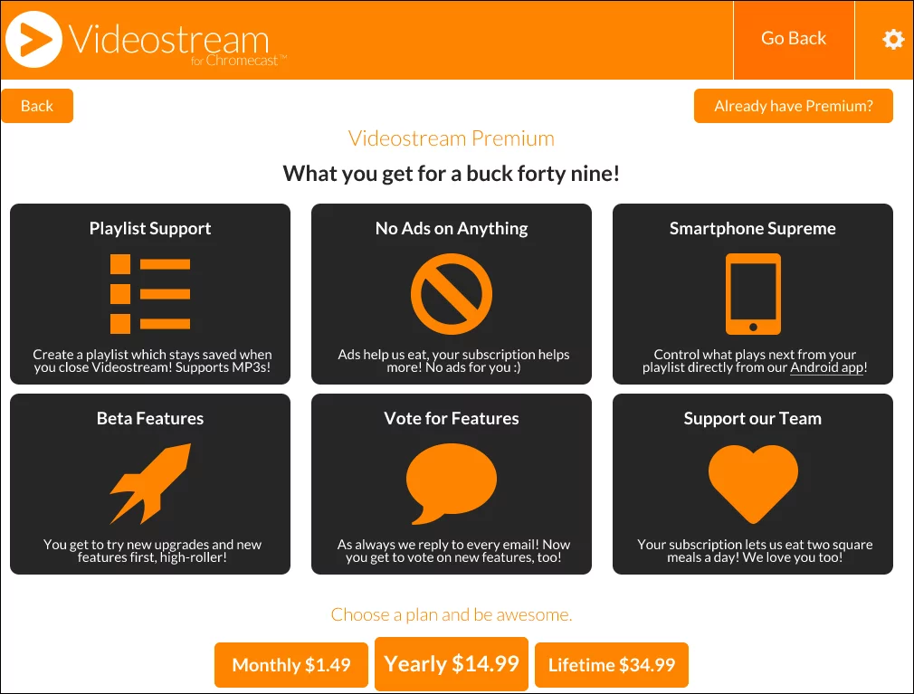 Premium features allow creating playlists, no ads, and better support