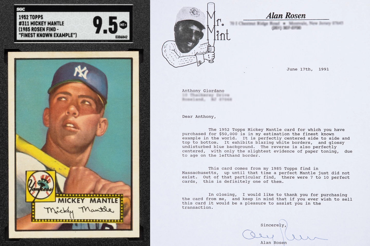 Purchased in 1991 for a then-record $50,000, this 1952 Topps Mickey Mantle card is in the finest known condition of any of the 1,759 cards on the register, and is expected to sell for more than $10 million