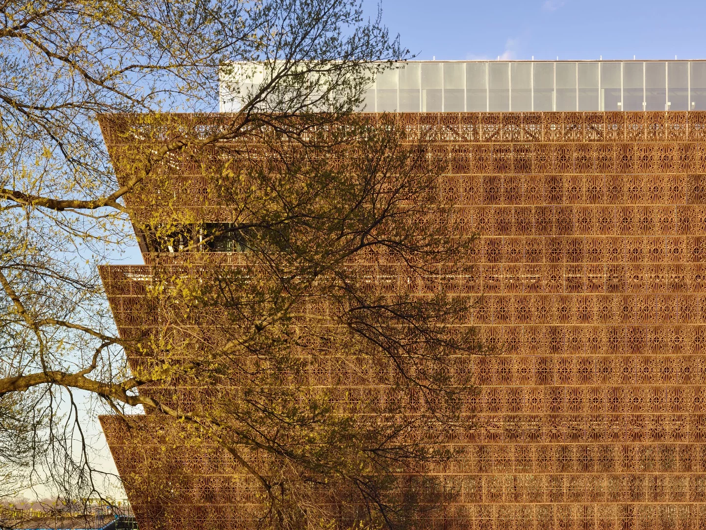 The NMAAHC is wrapped in an ornamental bronze-colored metal lattice