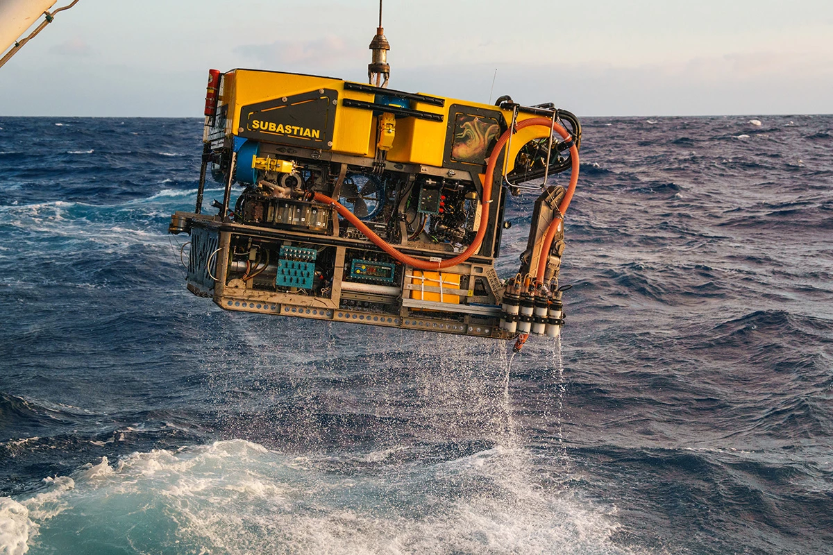 The SuBastian Remotely Operated Vehicle (ROV) that captured footage of the colossal squid being recovered onto the Falkor (too) research vessel